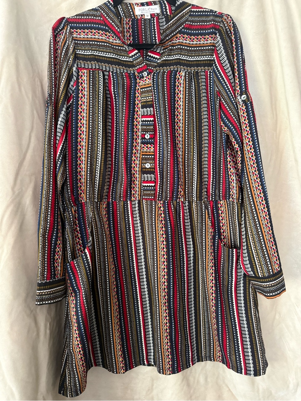 Striped Button-Front Long Sleeve Dress in Red, Black, Cream